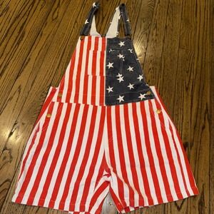 Unisex Size XXL Overalls USA America Flag Print Bib Pants Jumpsuit Romper Shorts